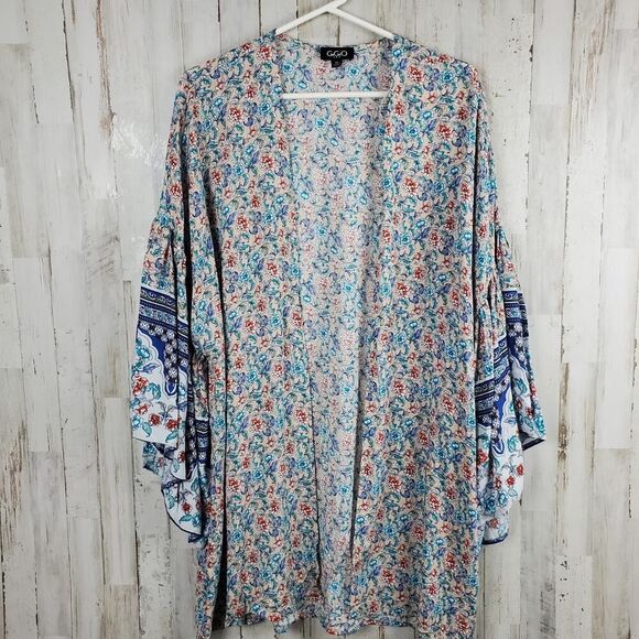 GiGiO Floral Kimono Cardigan Blue Pink Size Medium - Picture 1 of 9
